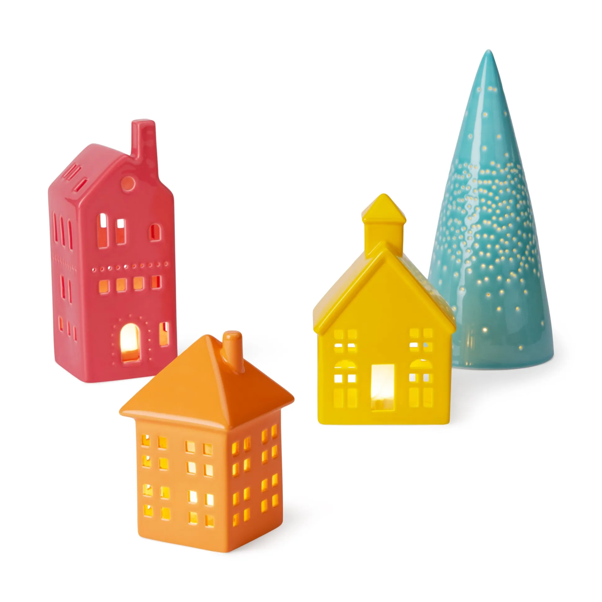 LED Lighted Colorful Ceramic Modern Village - Set of 4