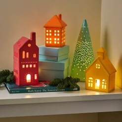 LED Lighted Colorful Ceramic Modern Village - Set of 4