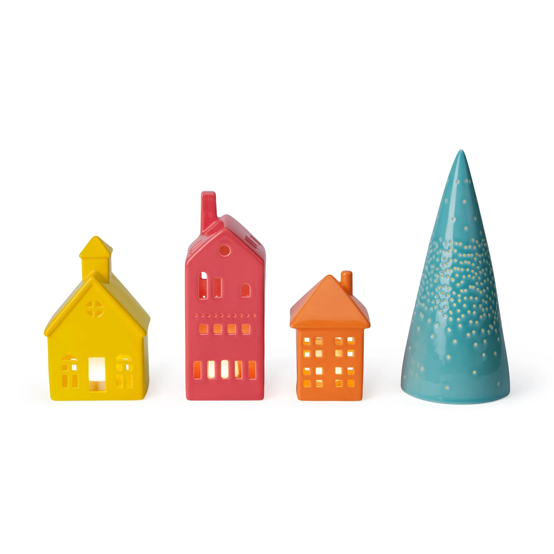 LED Lighted Colorful Ceramic Modern Village - Set of 4